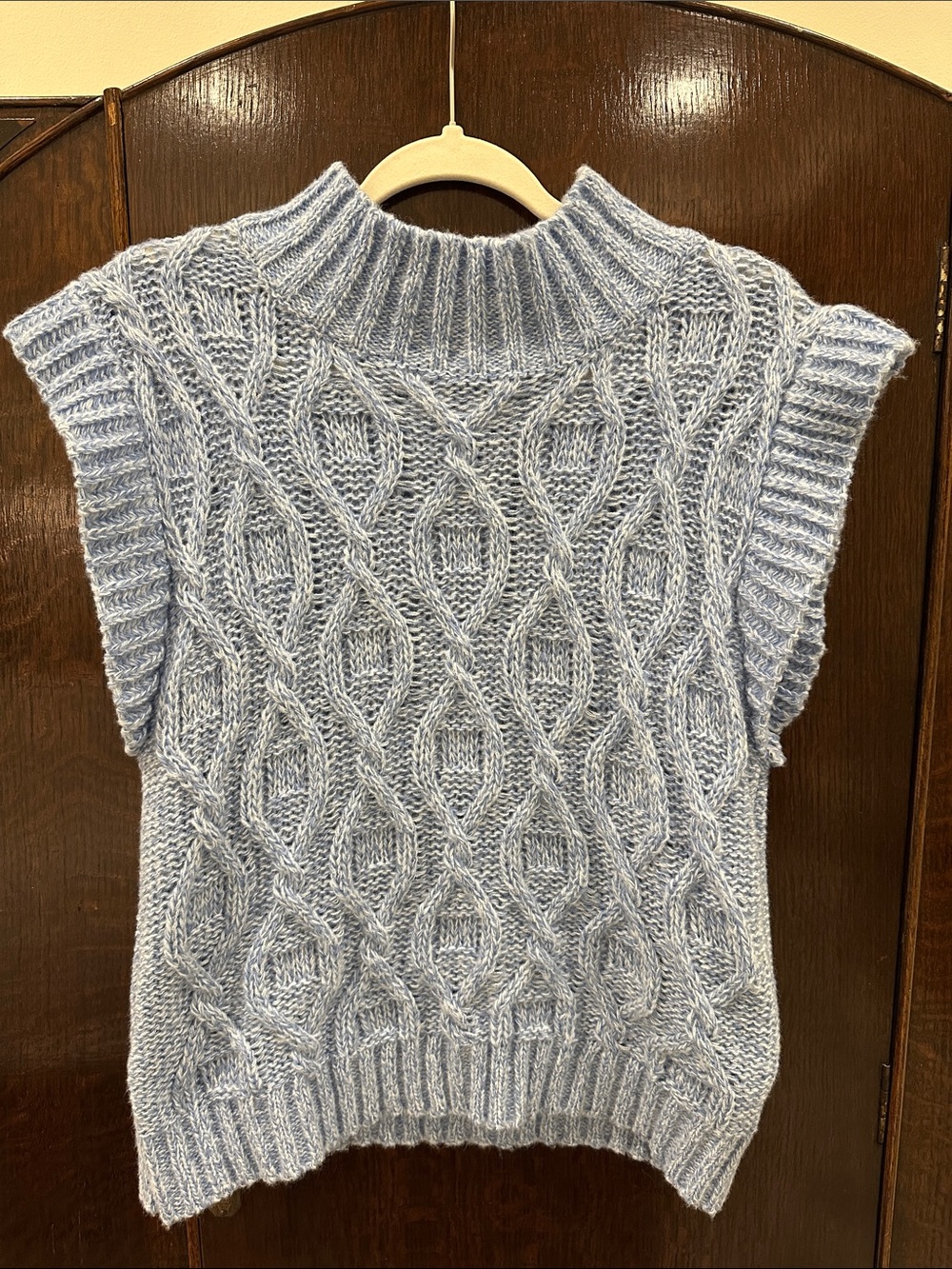 Light Blue Cable Knit Sleeveless Turtleneck Vest